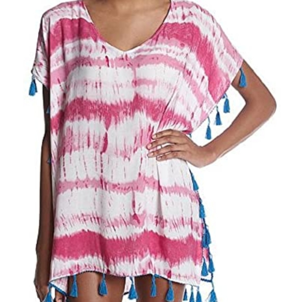 NWT PINK TIE DYE BLUE TASSEL COVERUP